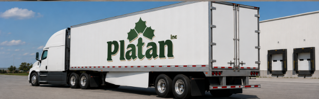 Platan Inc tractor-trailer backed up to warehouse loading docks