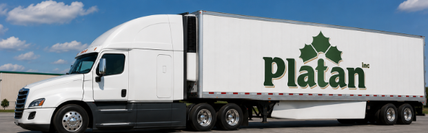 Platan Inc tractor-trailer parked on a lot, full side view