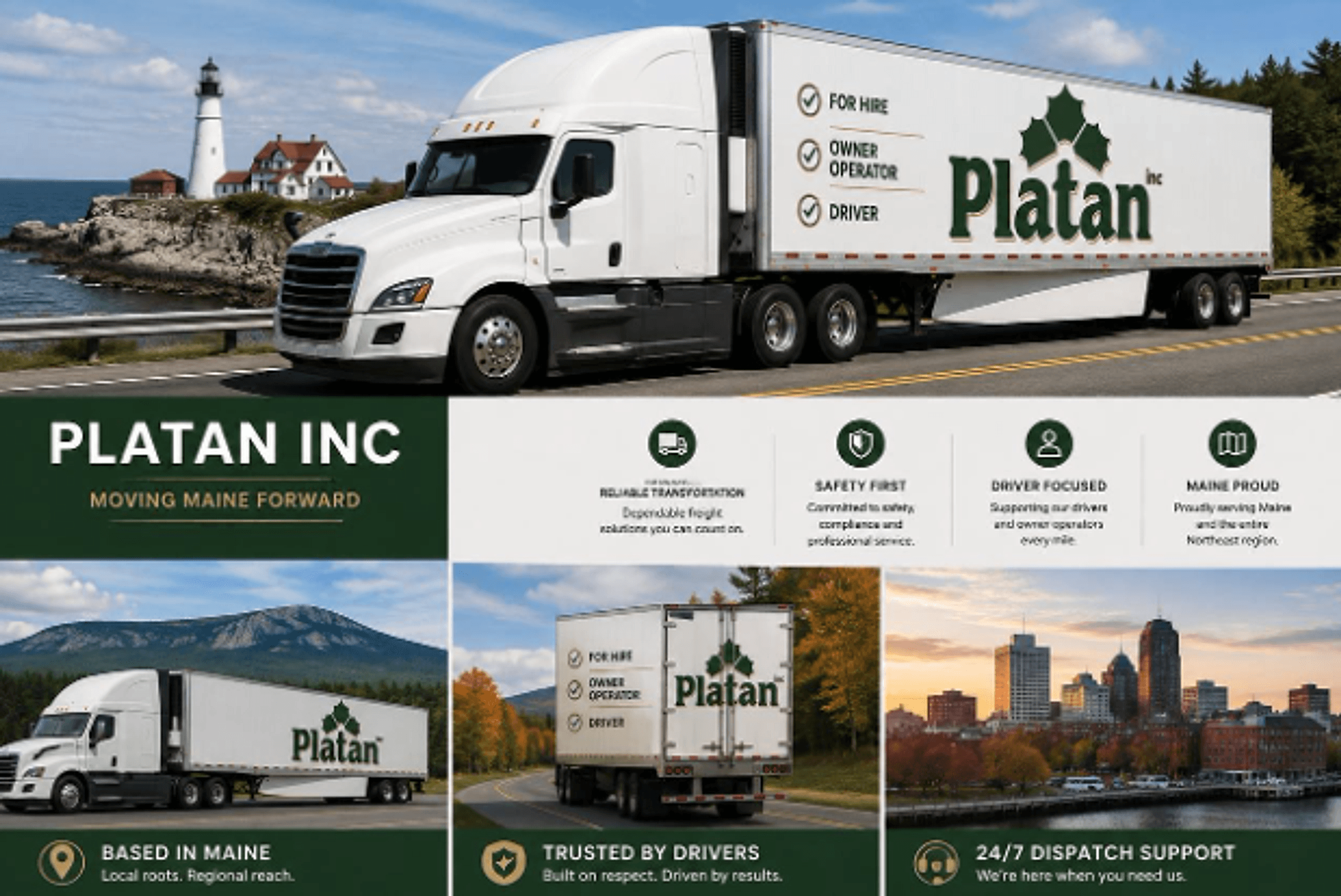 Platan Inc — Moving Maine Forward. White Platan tractor-trailer on a coastal Maine highway with For Hire, Owner Operator and Driver badges, plus Reliable Transportation, Safety First, Driver Focused and Maine Proud highlights.